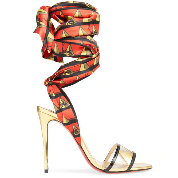 Christian Louboutin Baigneuse 100 Black Gold Red Lace Up Sandal Heel Pump 37.5 - Picture 5 of 12